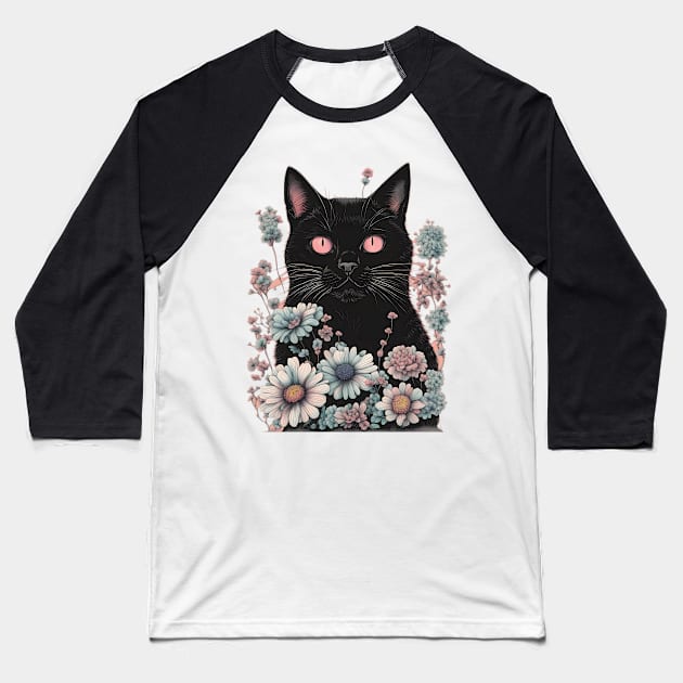 gothic Aesthetic Black Cat with flowers Baseball T-Shirt by CAFFEIN